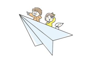 髪飛行機にのっている子どもたち